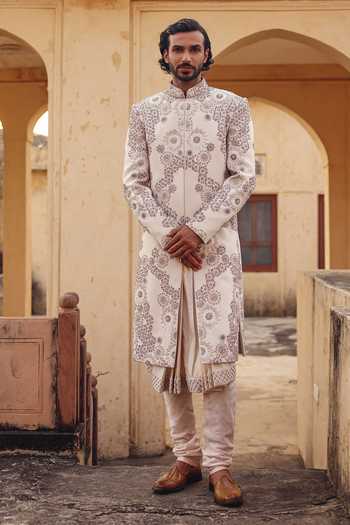 Buy_AMIT BEHKI_Ivory Silk Hand Embroidered Raw Sherwani Set _at_Aza_Fashions