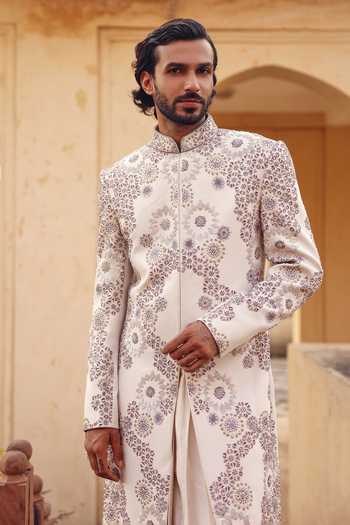 AMIT BEHKI_Ivory Silk Hand Embroidered Raw Sherwani Set _at_Aza_Fashions