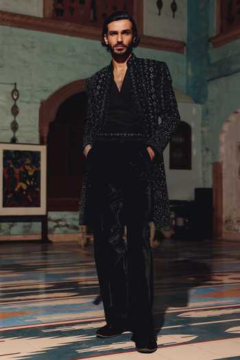 Buy_AMIT BEHKI_Black Suiting, Viscose Hand Embroidered Jacket Set _Online_at_Aza_Fashions