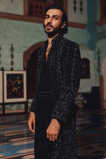Shop_AMIT BEHKI_Black Suiting, Viscose Hand Embroidered Jacket Set _Online_at_Aza_Fashions