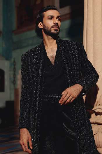 AMIT BEHKI_Black Suiting, Viscose Hand Embroidered Jacket Set _at_Aza_Fashions
