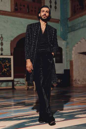 Buy_AMIT BEHKI_Black Suiting, Viscose Hand Embroidered Jacket Set 