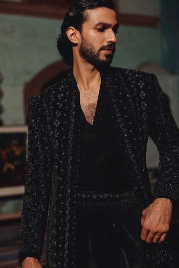 Shop_AMIT BEHKI_Black Suiting, Viscose Hand Embroidered Jacket Set 