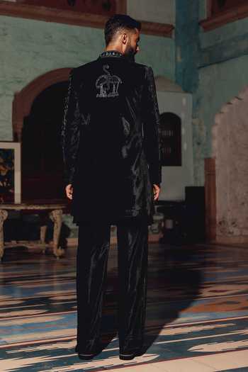 Shop_AMIT BEHKI_Black Suiting, Viscose Hand Embroidered Sherwani Set _at_Aza_Fashions