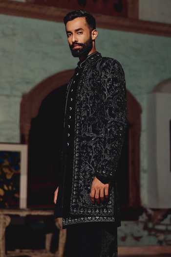 Shop_AMIT BEHKI_Black Suiting, Viscose Hand Embroidered Sherwani Set _Online_at_Aza_Fashions