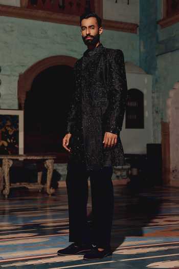 Shop_AMIT BEHKI_Black Suiting, Viscose Hand Embroidered Kurta Set With Jacket _at_Aza_Fashions