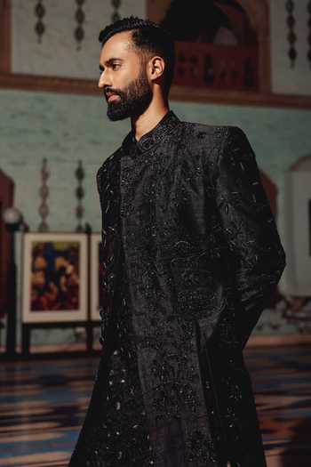 Buy_AMIT BEHKI_Black Suiting, Viscose Hand Embroidered Kurta Set With Jacket _Online_at_Aza_Fashions