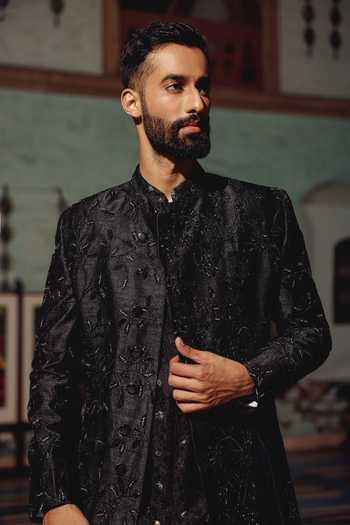 Shop_AMIT BEHKI_Black Suiting, Viscose Hand Embroidered Kurta Set With Jacket _Online_at_Aza_Fashions