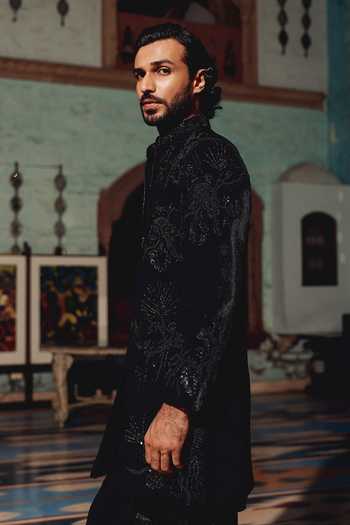 Buy_AMIT BEHKI_Black Suiting, Viscose Embroidered Kurta Set With Jacket _Online_at_Aza_Fashions