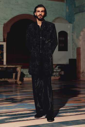 Shop_AMIT BEHKI_Black Suiting, Viscose Embroidered Kurta Set With Jacket _at_Aza_Fashions