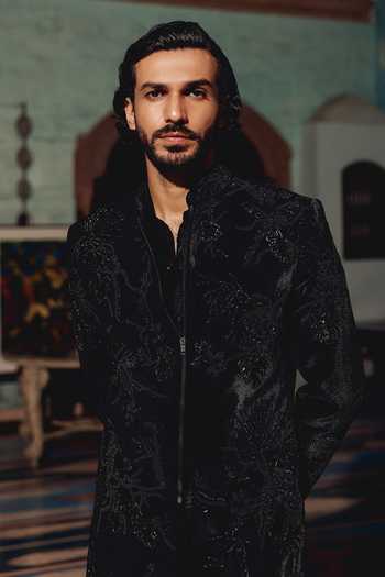 Shop_AMIT BEHKI_Black Suiting, Viscose Embroidered Kurta Set With Jacket _Online_at_Aza_Fashions