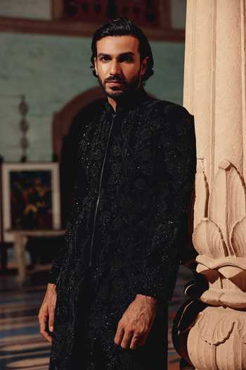 AMIT BEHKI_Black Suiting, Viscose Embroidered Kurta Set With Jacket _at_Aza_Fashions