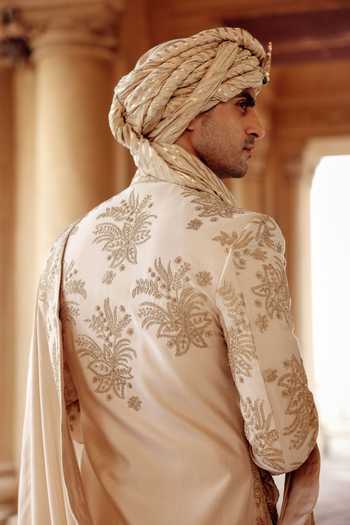 Buy_AMIT BEHKI_Ivory Silk Hand Embroidered Raw Achkan Set _Online_at_Aza_Fashions