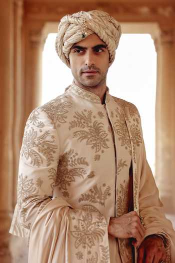 Shop_AMIT BEHKI_Ivory Silk Hand Embroidered Raw Achkan Set _Online_at_Aza_Fashions