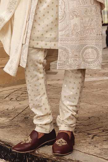 AMIT BEHKI_Ivory Silk, Polyester Hand Embroidered Raw Achkan Set _Online_at_Aza_Fashions