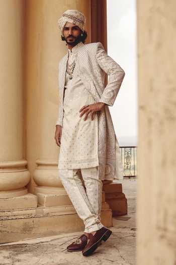 Buy_AMIT BEHKI_Ivory Silk, Polyester Hand Embroidered Raw Achkan Set _Online_at_Aza_Fashions
