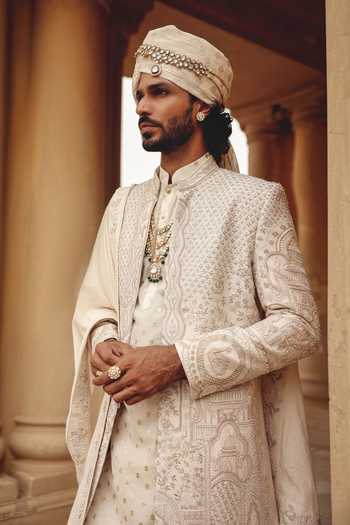 Shop_AMIT BEHKI_Ivory Silk, Polyester Hand Embroidered Raw Achkan Set _Online_at_Aza_Fashions