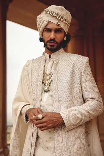 Buy_AMIT BEHKI_Ivory Silk, Polyester Hand Embroidered Raw Achkan Set 
