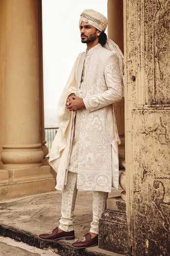 Shop_AMIT BEHKI_Ivory Silk, Polyester Hand Embroidered Raw Achkan Set 