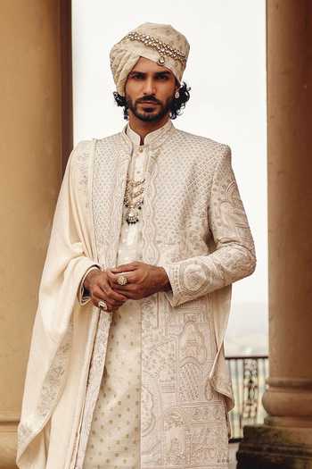 AMIT BEHKI_Ivory Hand Embroidered Silk Stole _Online_at_Aza_Fashions