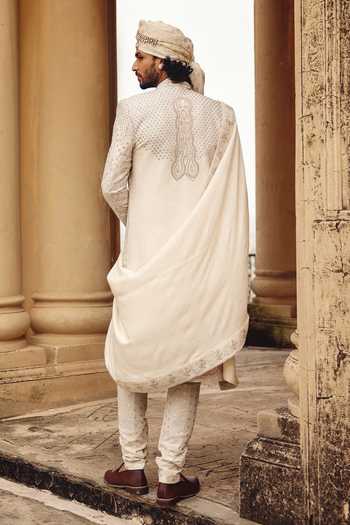 Shop_AMIT BEHKI_Ivory Hand Embroidered Silk Stole _at_Aza_Fashions