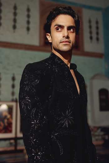 Shop_AMIT BEHKI_Black Suiting, Viscose Embellished Sherwani Set _Online_at_Aza_Fashions