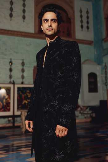 AMIT BEHKI_Black Suiting, Viscose Embellished Sherwani Set _at_Aza_Fashions