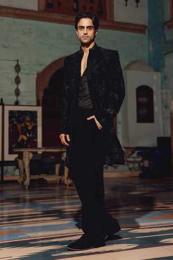 Shop_AMIT BEHKI_Black Suiting, Viscose Embellished Sherwani Set _at_Aza_Fashions