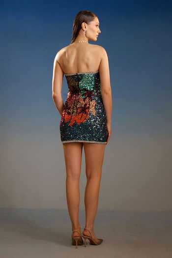 Shop_Bling Empire_Multi Color Mesh Bandeau Neck Tropical Palm Sequin Mini Dress _at_Aza_Fashions