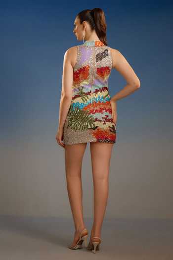 Shop_Bling Empire_Multi Color Mesh Halter Neck Multicolour Sequin Mini Dress _at_Aza_Fashions