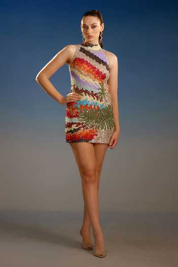 Buy_Bling Empire_Multi Color Mesh Halter Neck Multicolour Sequin Mini Dress _at_Aza_Fashions