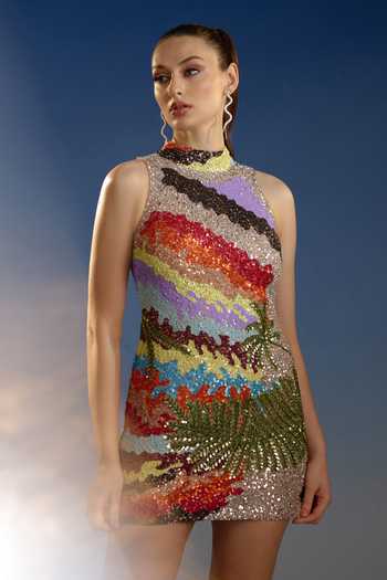 Buy_Bling Empire_Multi Color Mesh Halter Neck Multicolour Sequin Mini Dress _Online_at_Aza_Fashions