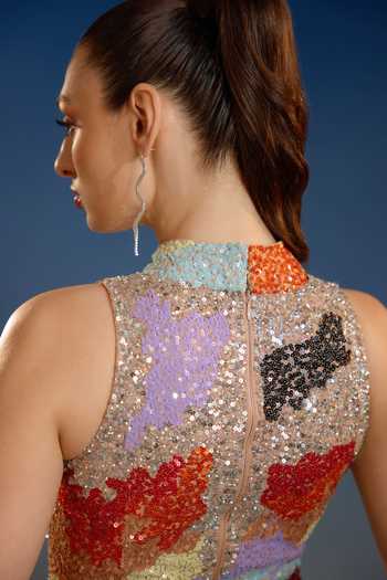 Shop_Bling Empire_Multi Color Mesh Halter Neck Multicolour Sequin Mini Dress _Online_at_Aza_Fashions