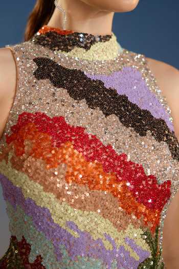 Bling Empire_Multi Color Mesh Halter Neck Multicolour Sequin Mini Dress _at_Aza_Fashions