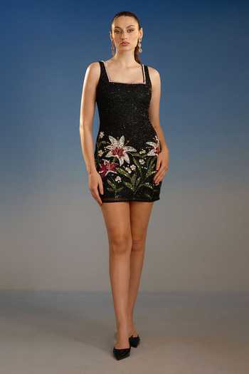 Buy_Bling Empire_Black Mesh Square Neck Lily Floral Sequin Mini Dress _at_Aza_Fashions