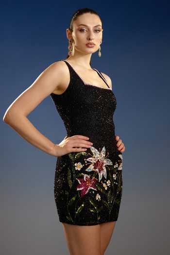 Buy_Bling Empire_Black Mesh Square Neck Lily Floral Sequin Mini Dress _Online_at_Aza_Fashions