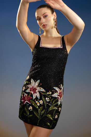 Shop_Bling Empire_Black Mesh Square Neck Lily Floral Sequin Mini Dress _Online_at_Aza_Fashions