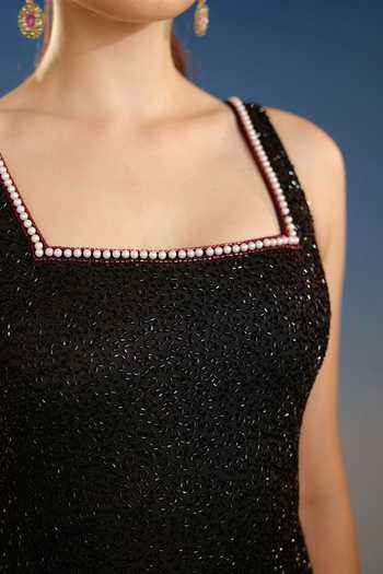 Bling Empire_Black Mesh Square Neck Lily Floral Sequin Mini Dress _at_Aza_Fashions