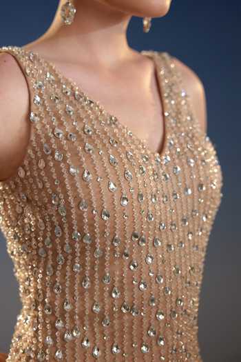Bling Empire_Beige Mesh V-neck Pearl And Crystal Mini Dress _at_Aza_Fashions