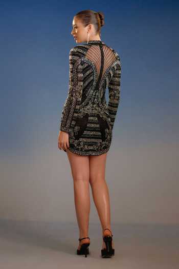 Shop_Bling Empire_Black Mesh High , Keyhole Midnight Opulence Embellished Dress _at_Aza_Fashions