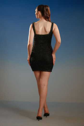 Shop_Bling Empire_Black Mesh Square Neck Floral Applique Mini Dress _at_Aza_Fashions