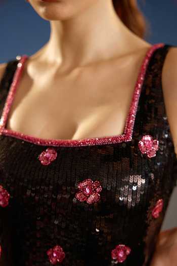 Buy_Bling Empire_Black Mesh Square Neck Floral Applique Mini Dress _Online_at_Aza_Fashions