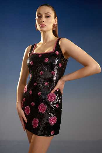 Shop_Bling Empire_Black Mesh Square Neck Floral Applique Mini Dress _Online_at_Aza_Fashions