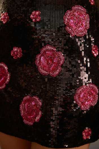 Bling Empire_Black Mesh Square Neck Floral Applique Mini Dress _at_Aza_Fashions
