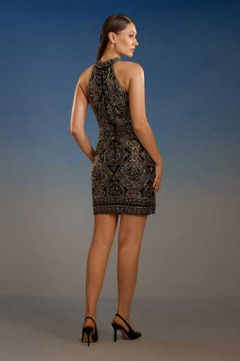 Shop_Bling Empire_Black Mesh Halter Neck Sequin Mini Dress _at_Aza_Fashions