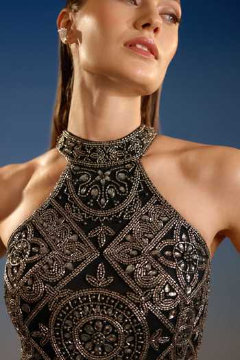 Shop_Bling Empire_Black Mesh Halter Neck Sequin Mini Dress _Online_at_Aza_Fashions