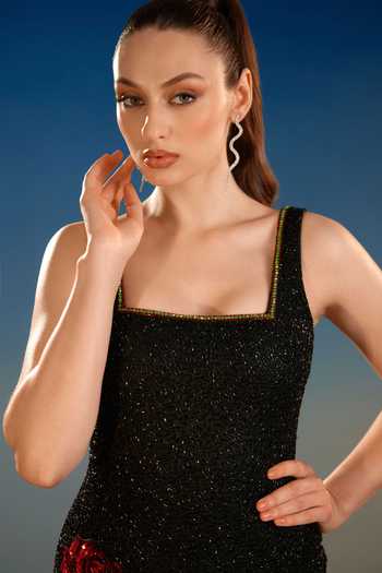 Shop_Bling Empire_Black Mesh Square Neck Floral Sequin Mini Dress _Online_at_Aza_Fashions