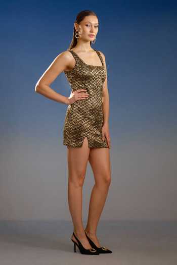 Bling Empire_Gold Mesh Square Neck Gilded Geometric Pattern Dress _Online_at_Aza_Fashions