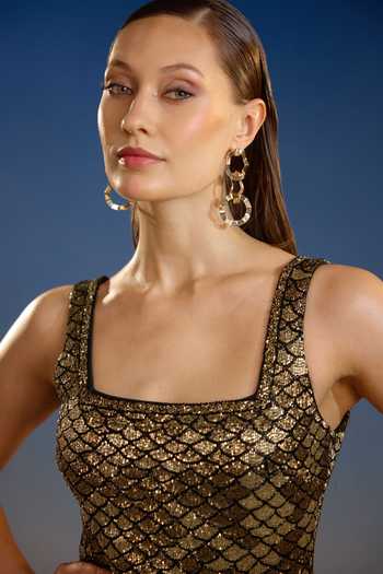 Buy_Bling Empire_Gold Mesh Square Neck Gilded Geometric Pattern Dress _Online_at_Aza_Fashions