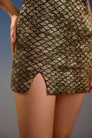 Shop_Bling Empire_Gold Mesh Square Neck Gilded Geometric Pattern Dress _Online_at_Aza_Fashions